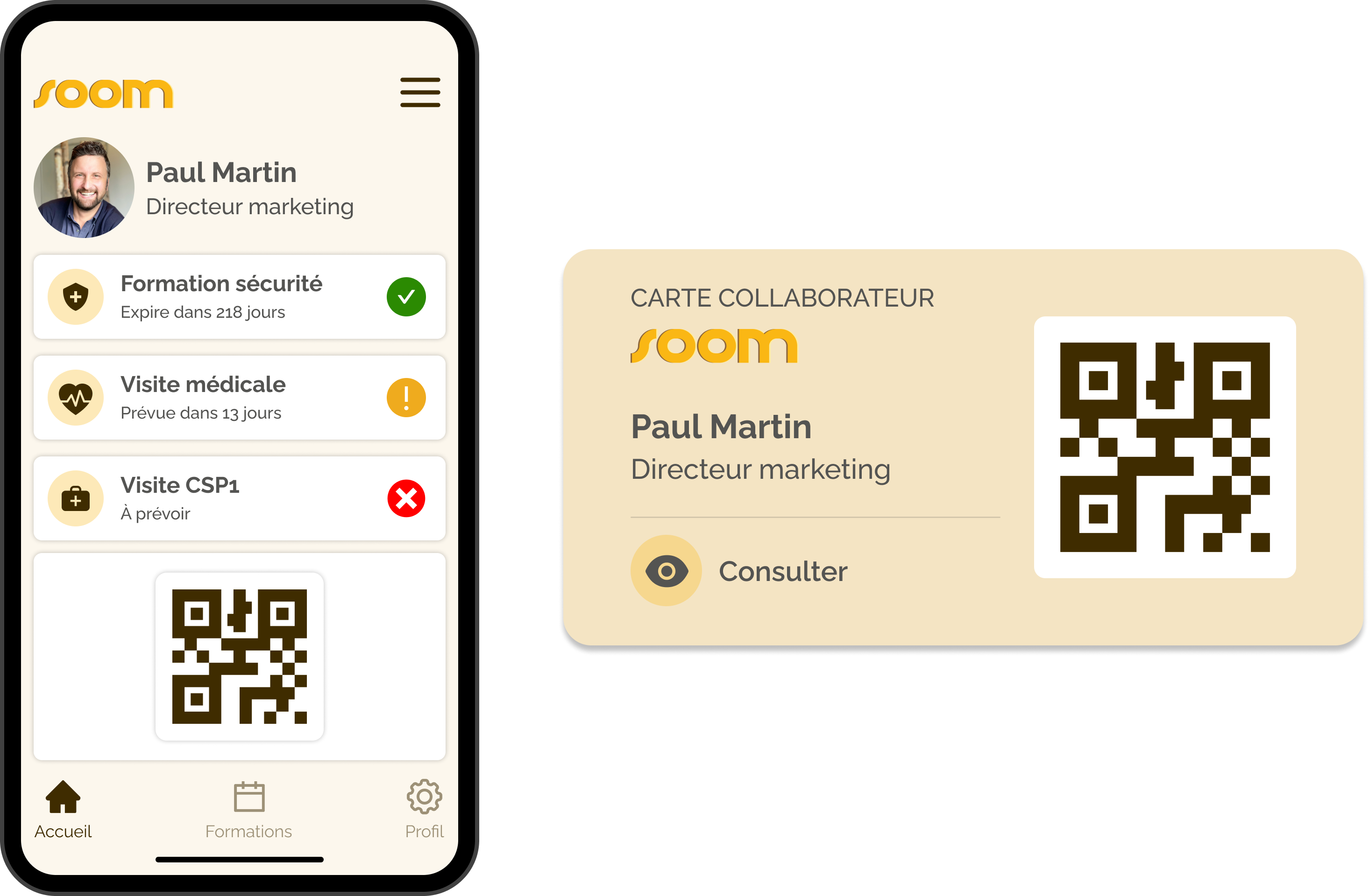 Application SOOM sur smartphone et carte collaborateur avec QR code