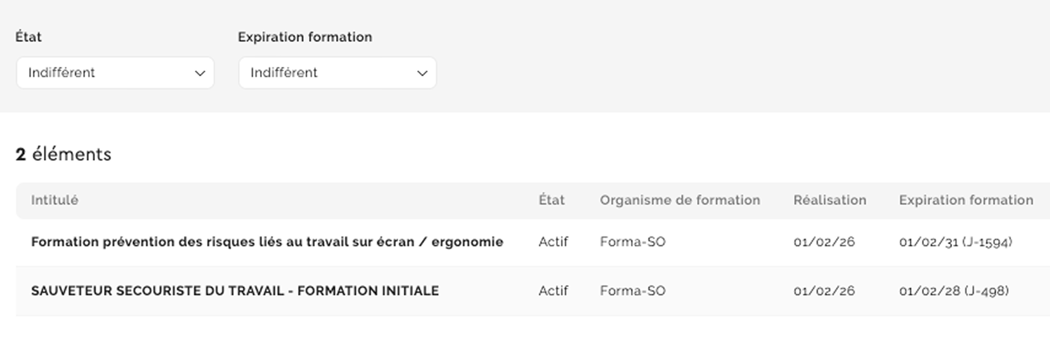 Tableau SOOM du suivi des formations avec dates d'expiration