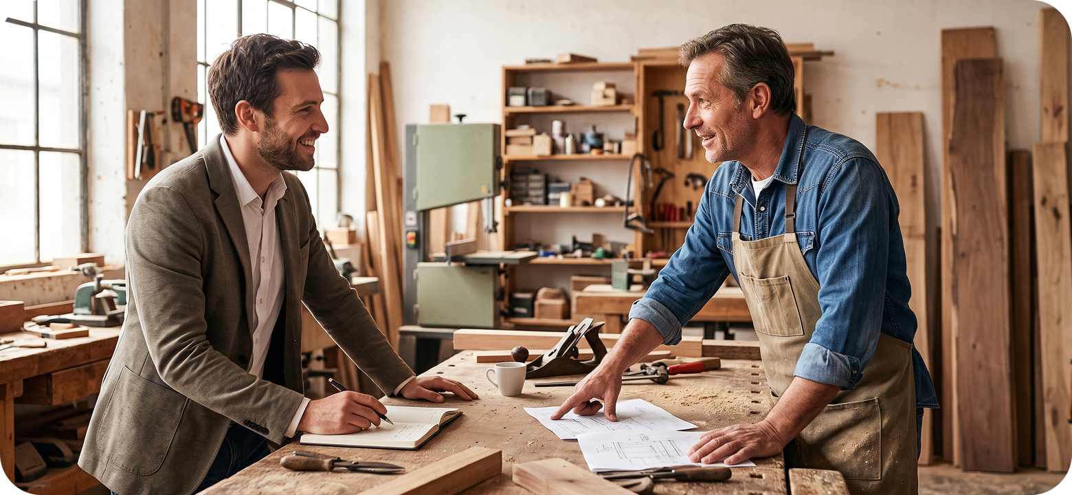 Consultant HSE SOOM échangeant avec un artisan dans son atelier