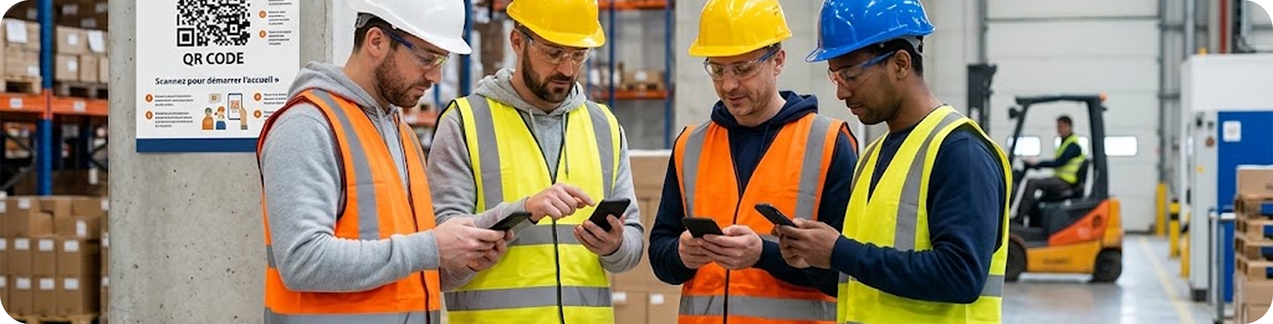 Collaborateurs en EPI scannant un QR code SOOM pour suivre leur accueil sécurité