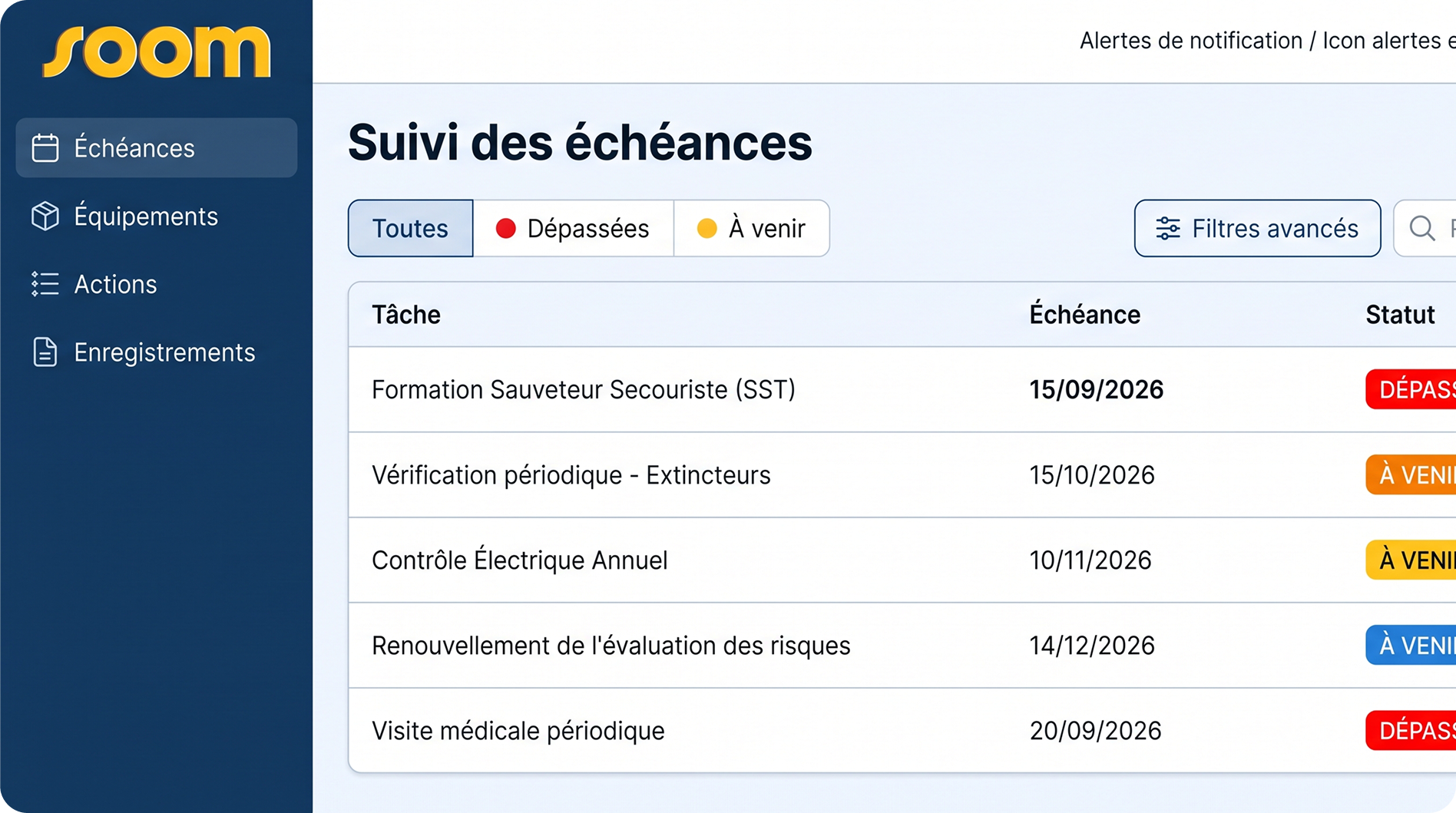 Tableau de suivi des échéances SOOM avec statuts dépassées et à venir