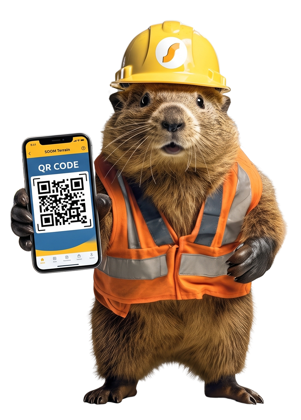 Mascotte SOOM en tenue de sécurité présentant un QR code sur smartphone