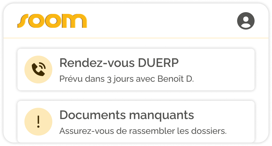 Aperçu SOOM : rendez-vous DUERP et documents manquants